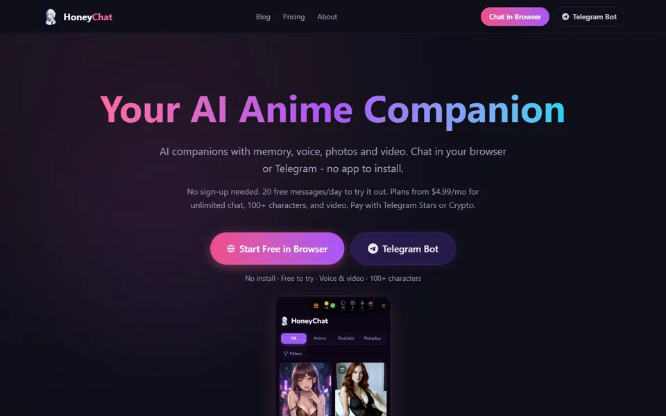 honeychat.bot/en: “Your AI Anime Companion”, “Start Free in Browser” — no sign-up needed